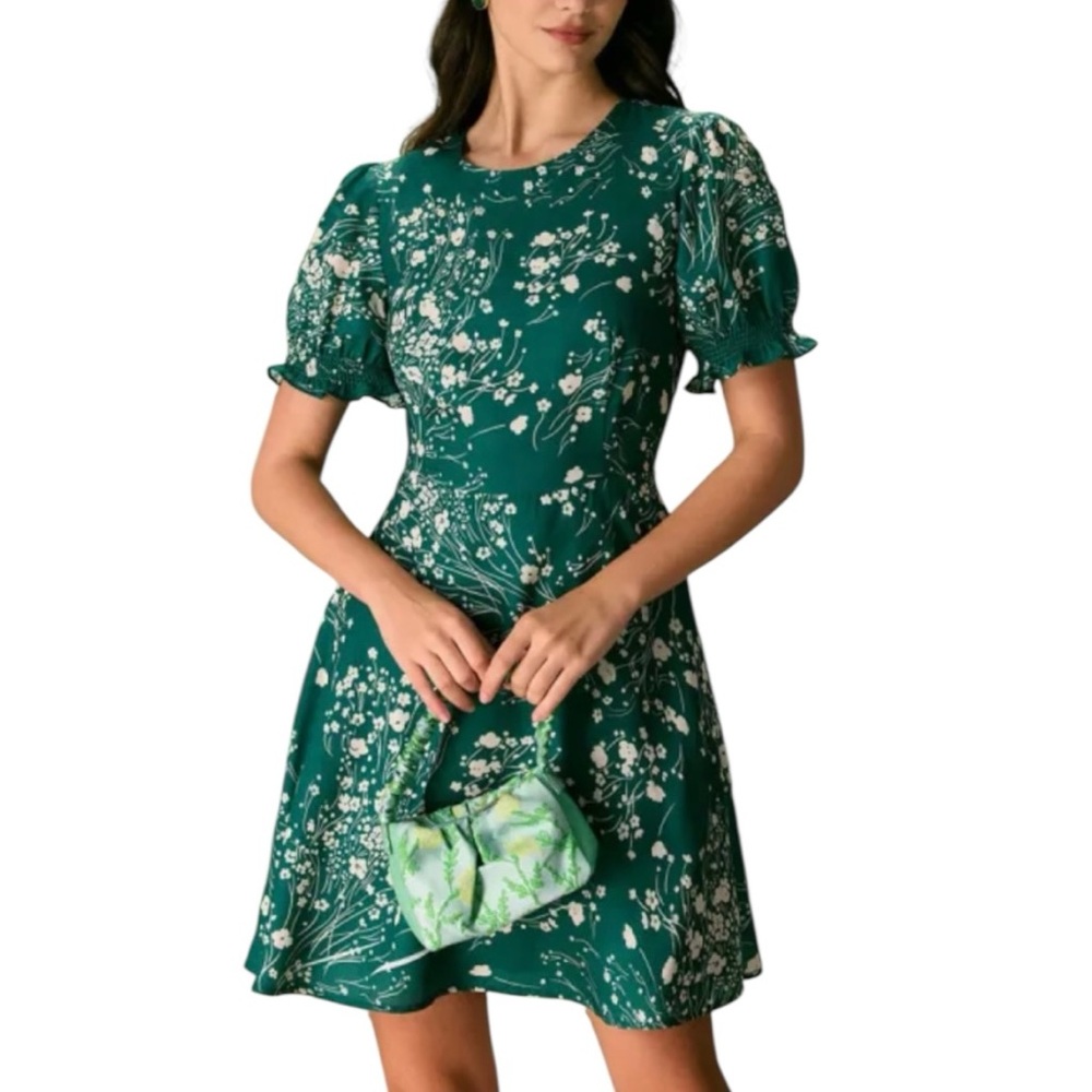 Rihoas Emerald Green Satin Floral Mini Dress XS Puff Sleeve Fit & Flare NWT
